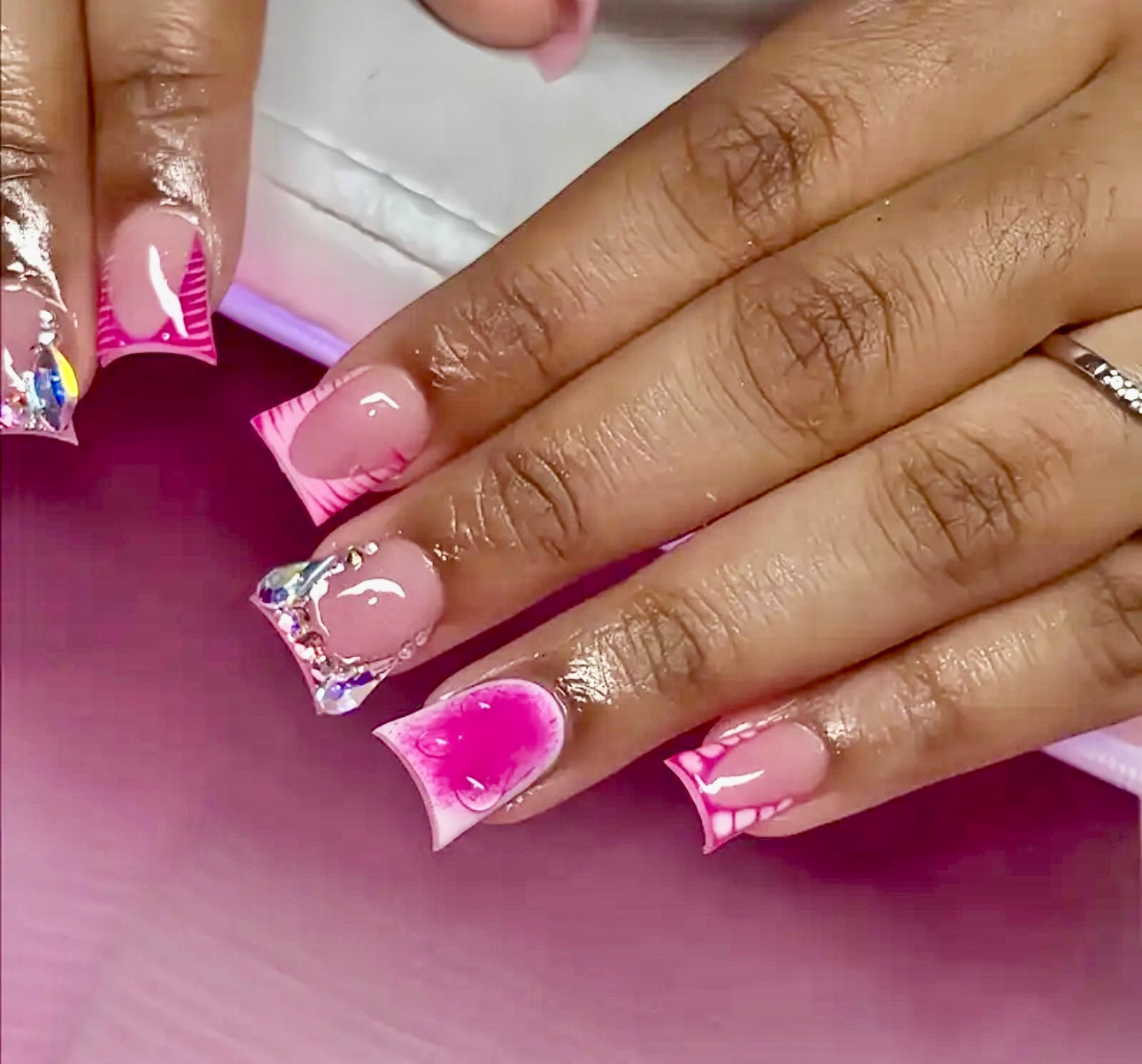 Pink Stripe Designs and Rhinestones Short Duck Press On Nails