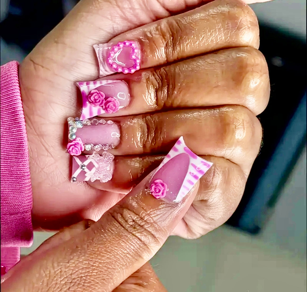 Pink Ribbons Hearts and Flowers Short Duck Press On Nails