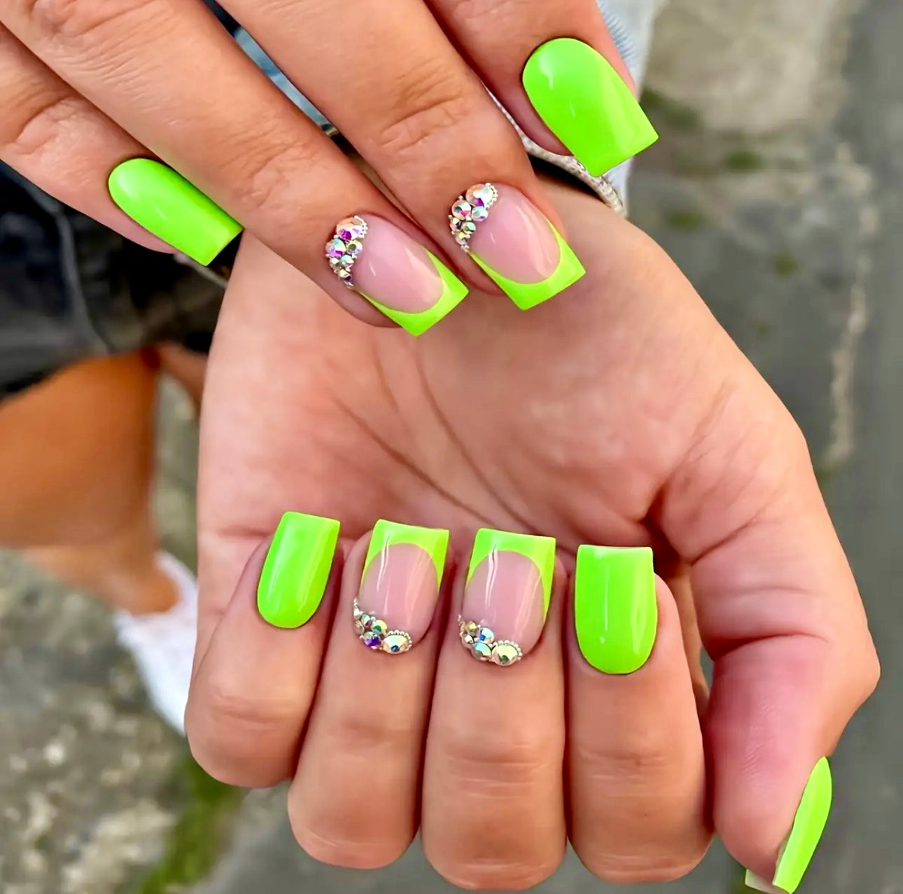 Green French Tips and Rhinestones Short Press On Nails