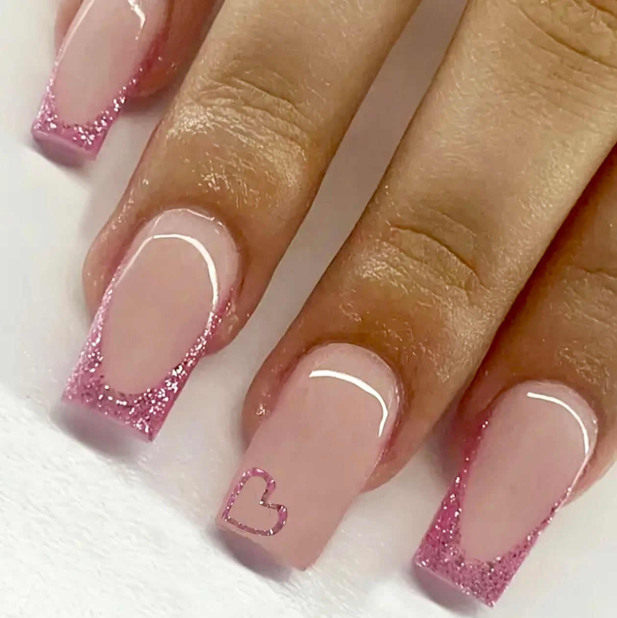 Pink Glitter French Tips Short Press On Nails