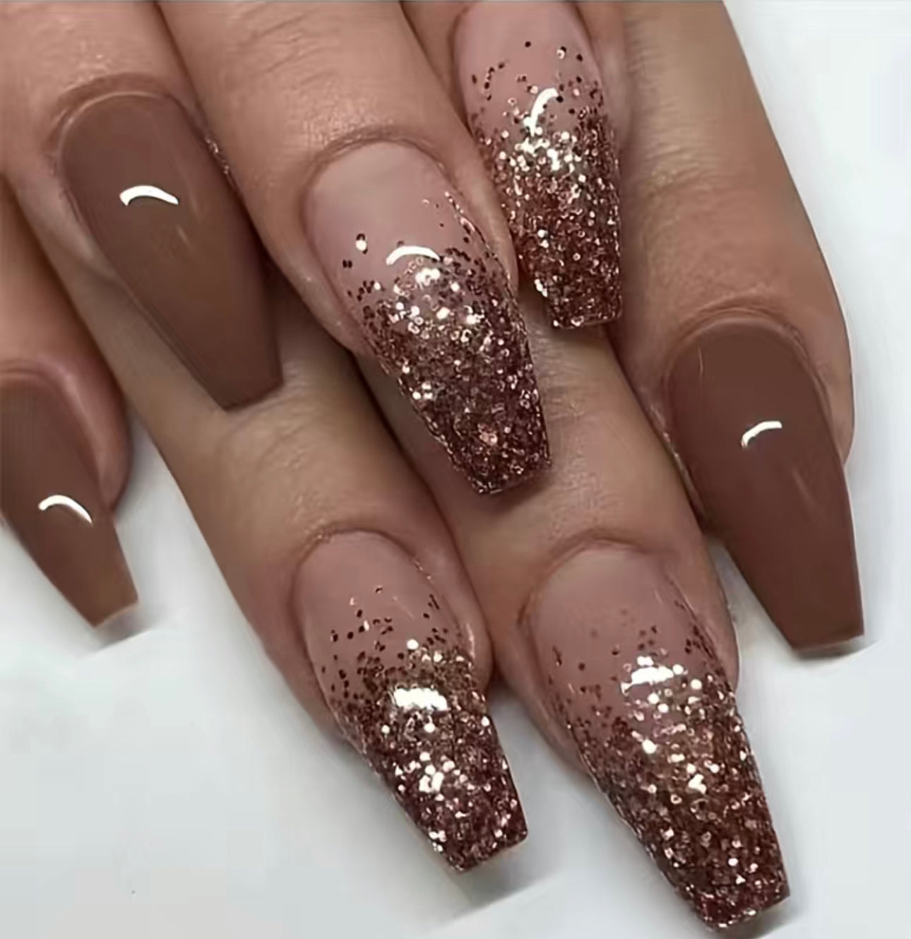 Brown Glitter Medium Length Press On Nails