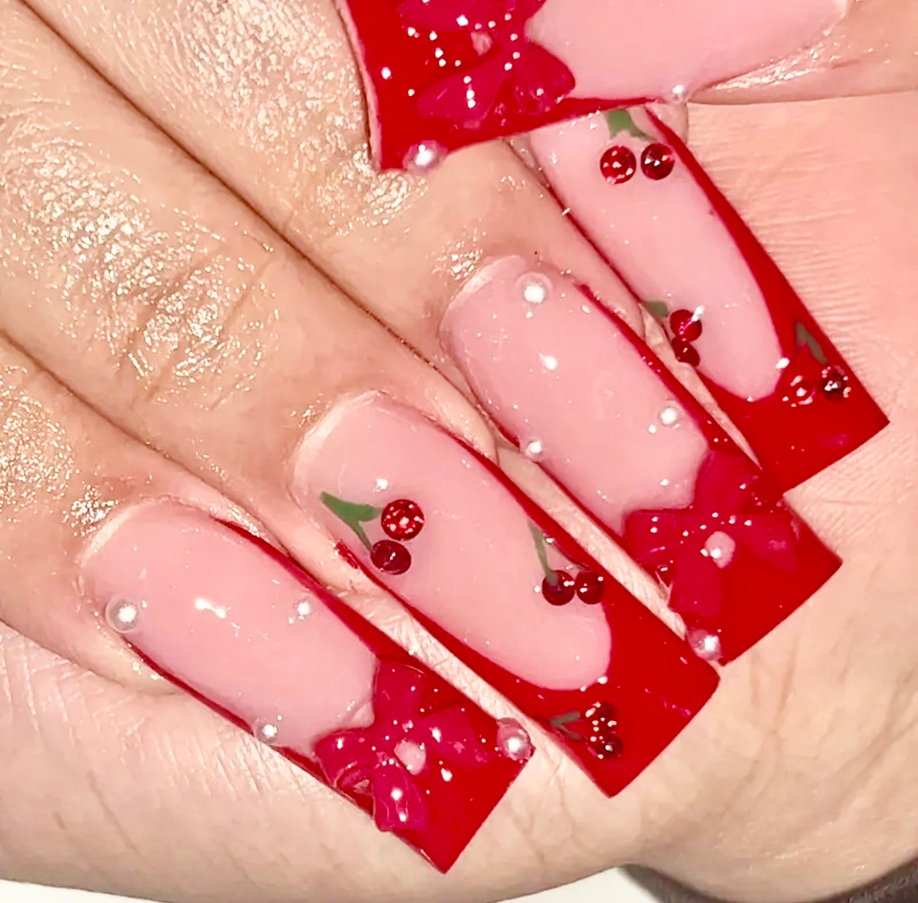 Red French Tips with Cherries and Bows Long Press On Nails