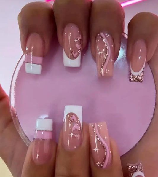 Pink and Gold Glitter Heart Patterned Medium Length Press On Nails