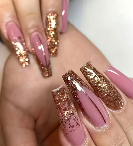 Golden Glitter Long Press On Nails