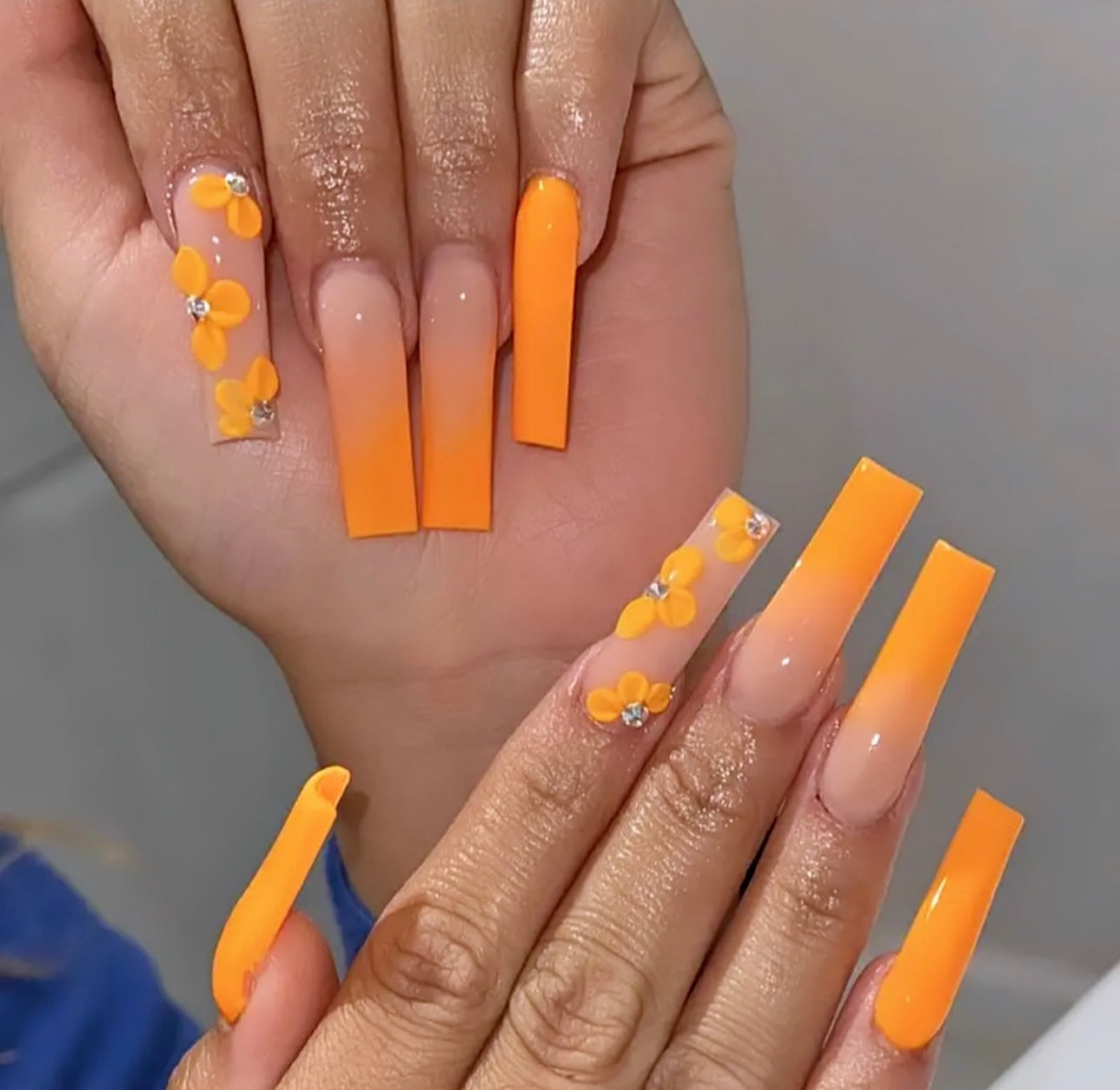 Vibrant Orange Gradient with Petal and Rhinestone Accents Long Press On Nails