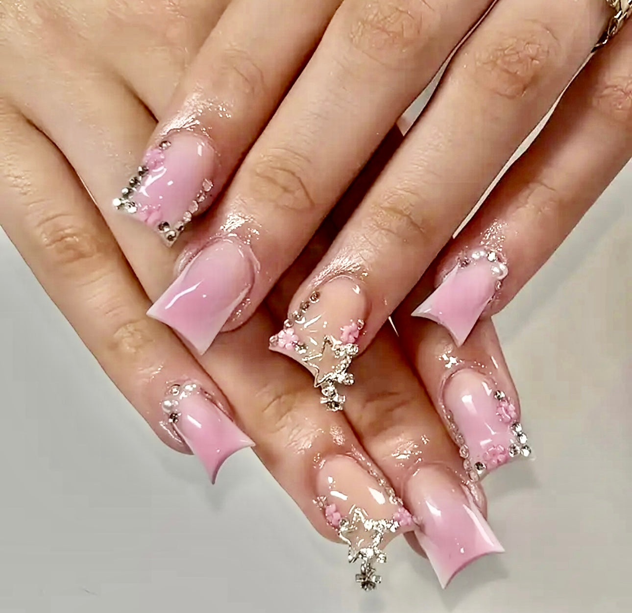 Soft Pink French Tips with Rhinestones and Star Charms Short Press On Nails