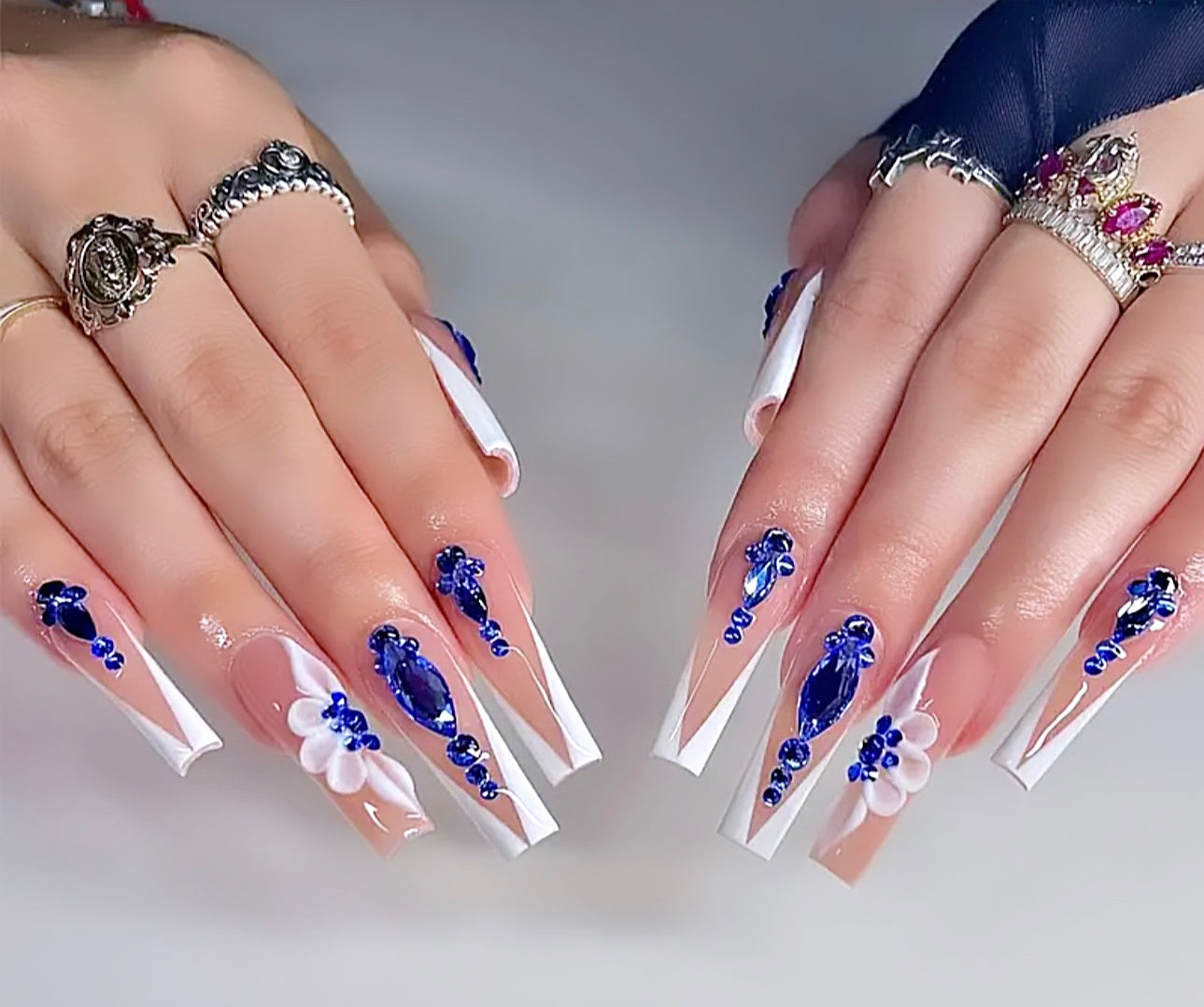 French Tips and Blue Rhinestones Long Press On Nails