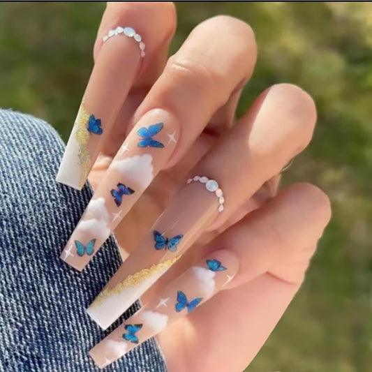 Butterfly Printed and Rhinestones Long Press On Nails