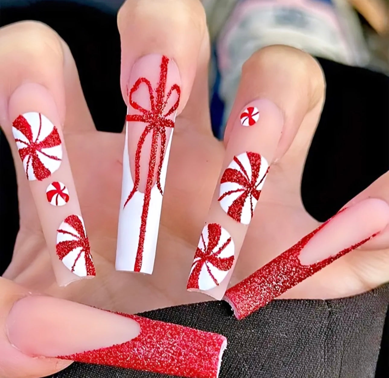 Christmas Festive Red French Bowtie Ribbon Long Press On Nails