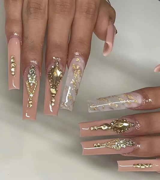 Gold Nude Swirl and Rhinestone Long Press On Nails