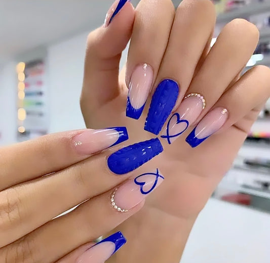 Blue with Rhinestone Heart Accents Long Press On Nails