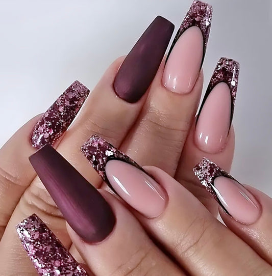 Dark Purple Burgundy Glitter French Tips Long Press On Nails