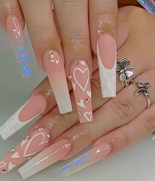 Hearts and Rhinestones Long Press On Nails