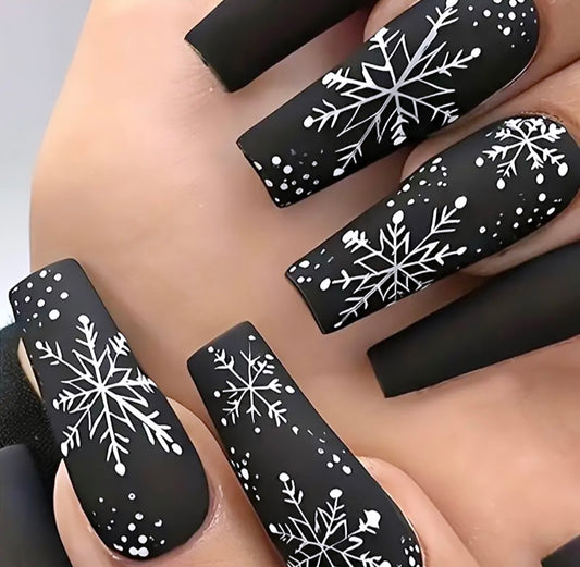 Festive Black Snowflake Long Press On Nails