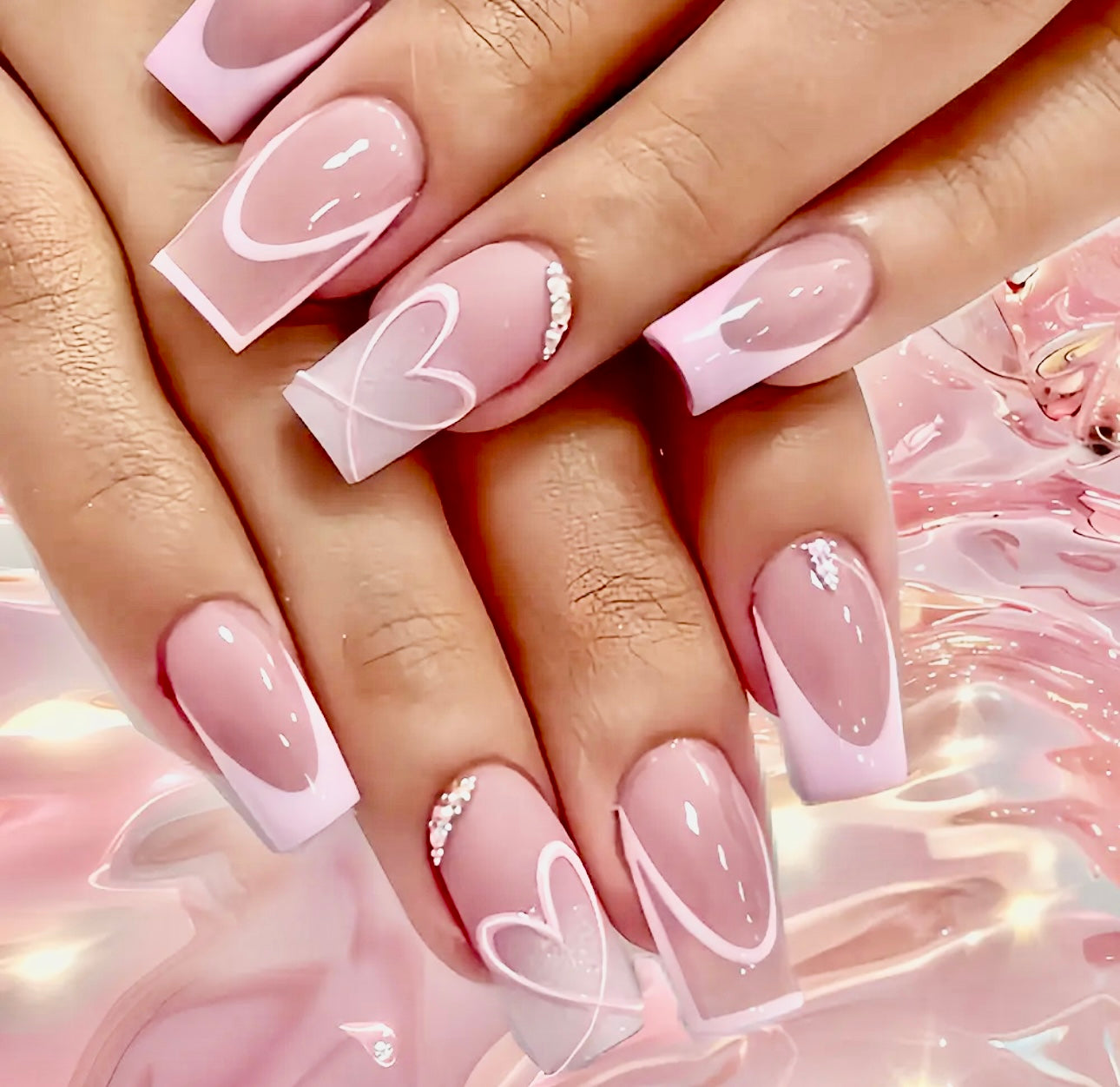 Soft Pink French Tips and Heart Designs Medium Length Press On Nails