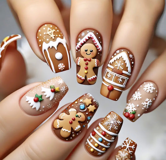 Christmas Gingerbread Man, Candy, and Snow House Patterns Short Press On Nails