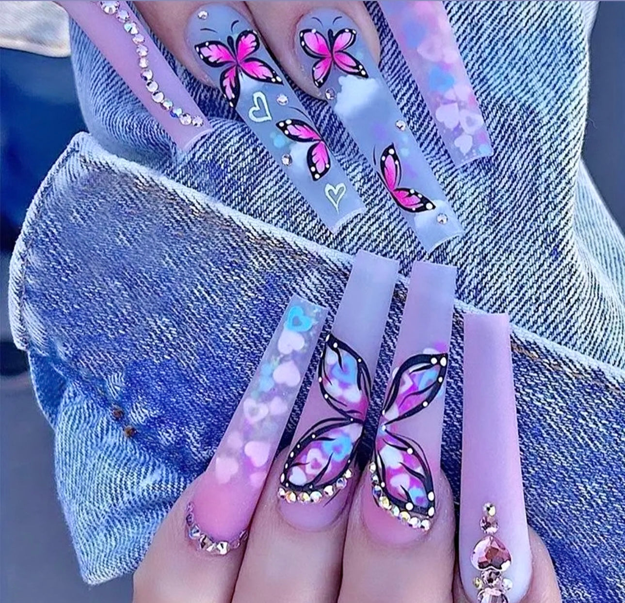 Purple and Pink Butterfly Heart and Rhinestones Long Press On Nails