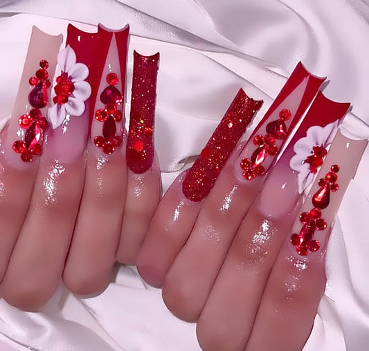 Red Flower Patterns and Glitter Accents Long Press On Nails