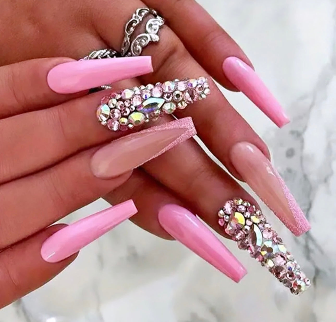 Pink Ballet Nail Tips with Rhinestone Accents Long Press On Nails