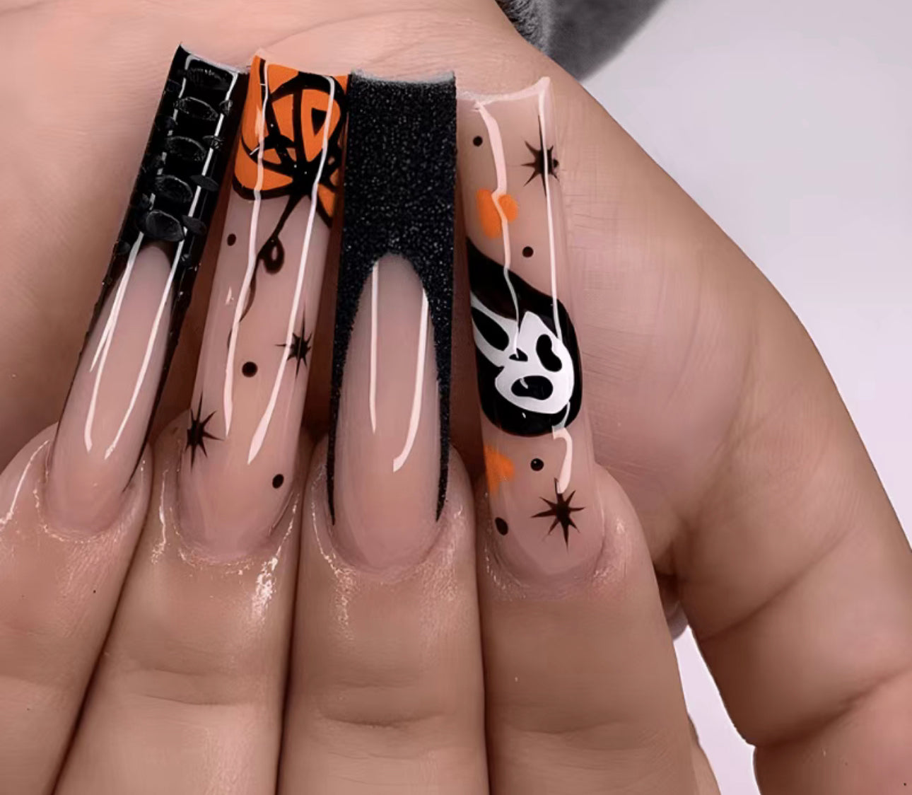 Black and Orange Scream Halloween Long Press On Nails