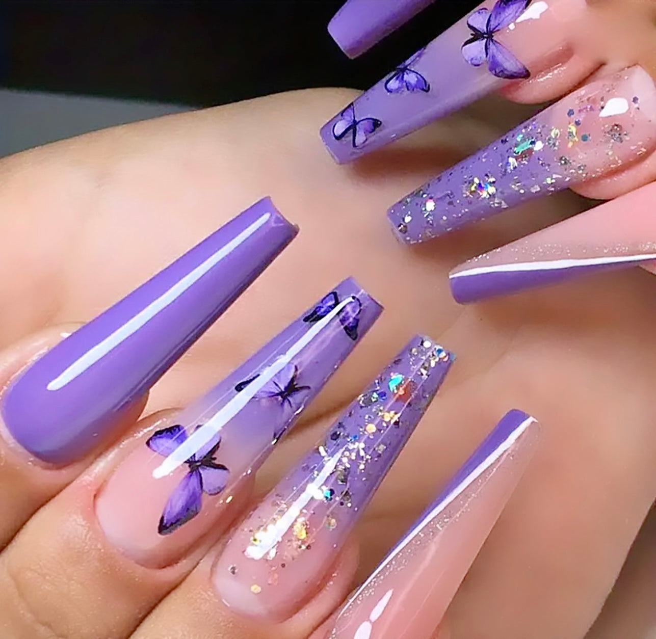 Glittery Purple Butterfly Designed Long Press On Nails