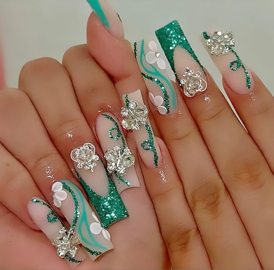 Green Sequins Flowers Long Press On Nails