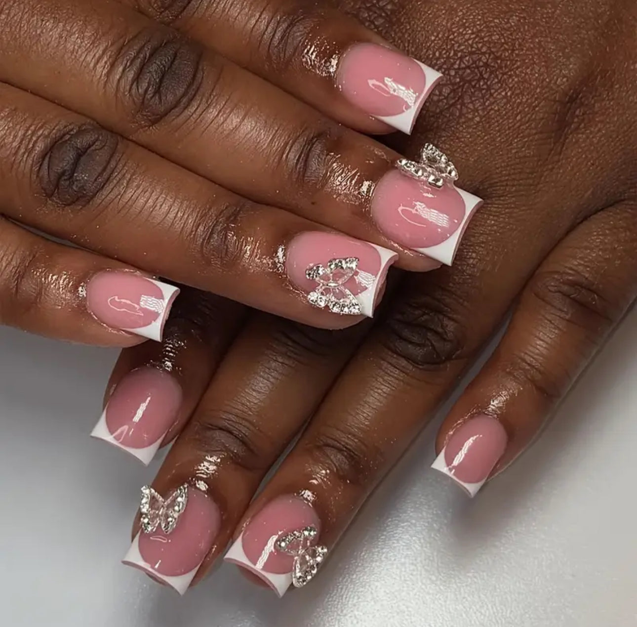 White French Tips with Butterfly Charms Short Press On Nails