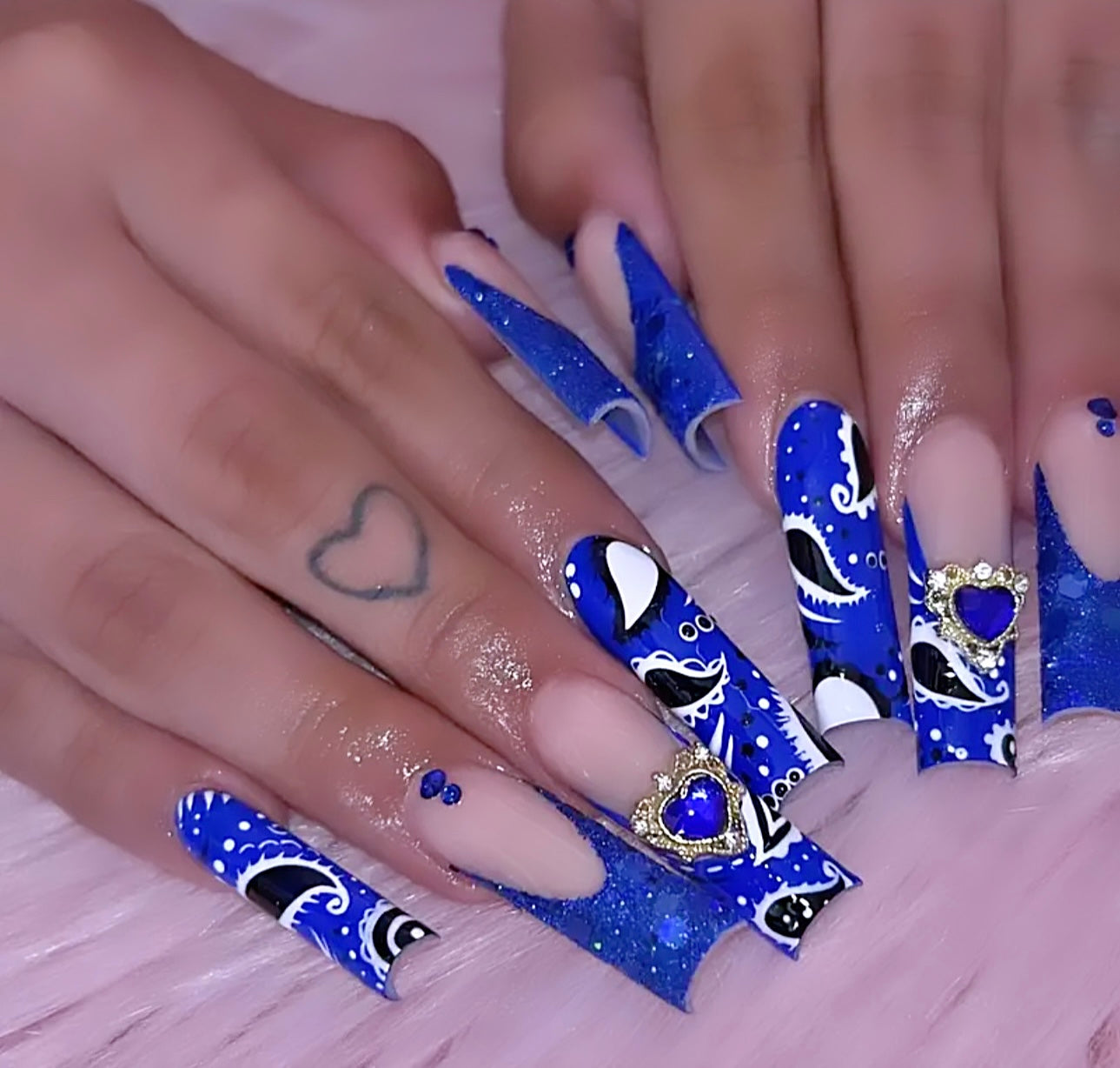 Blue Bandanna French Tips with Glitter and Heart Accents Long Press On Nails