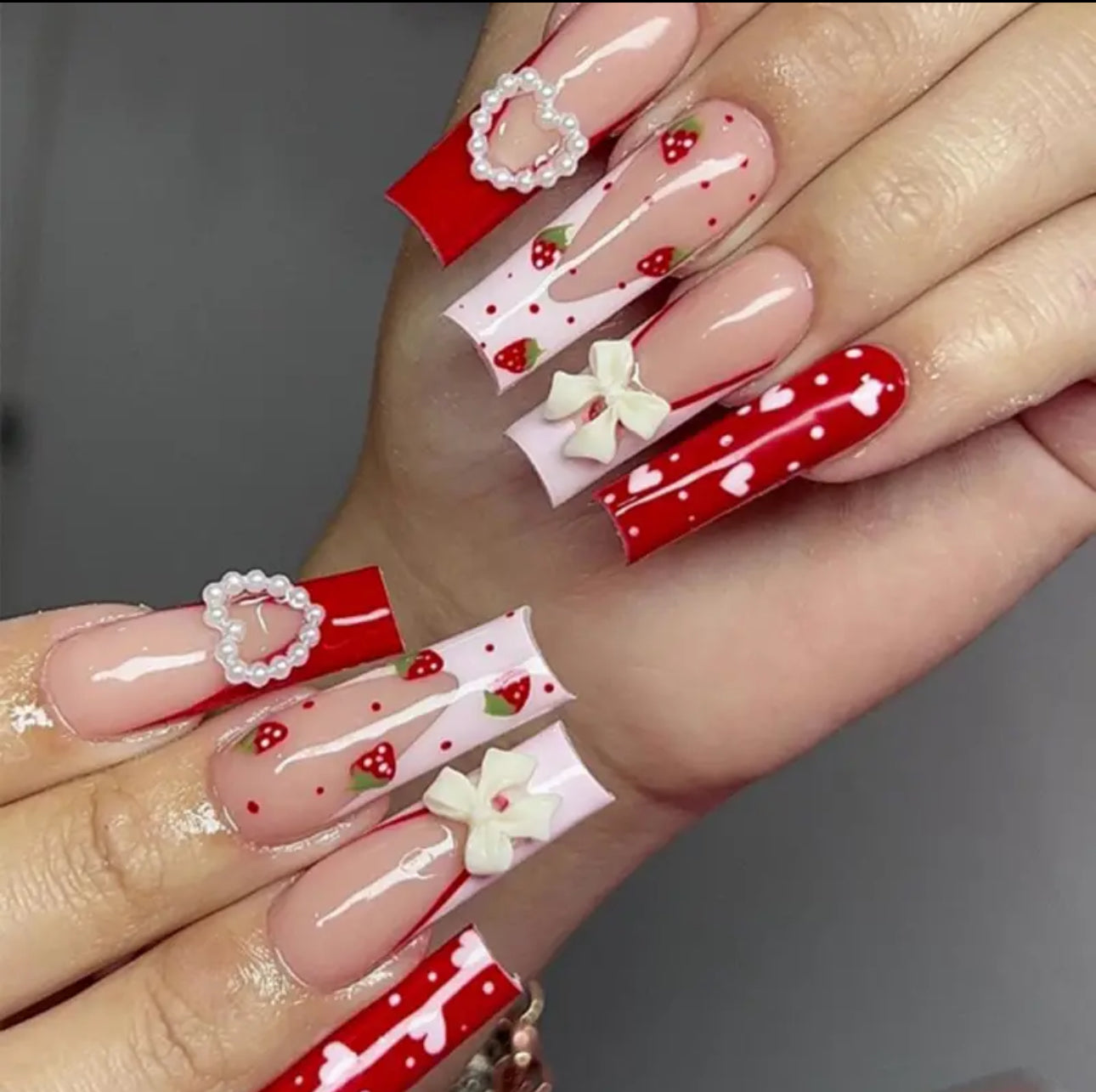 Red Strawberries and Bows Long Press On Nails