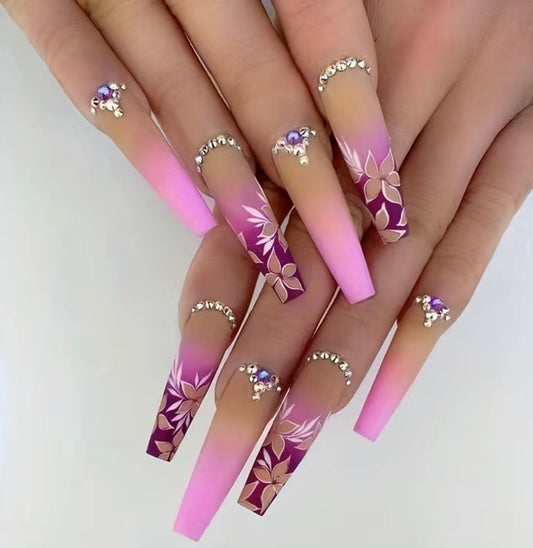 Pink Flowers Long Press On Nails