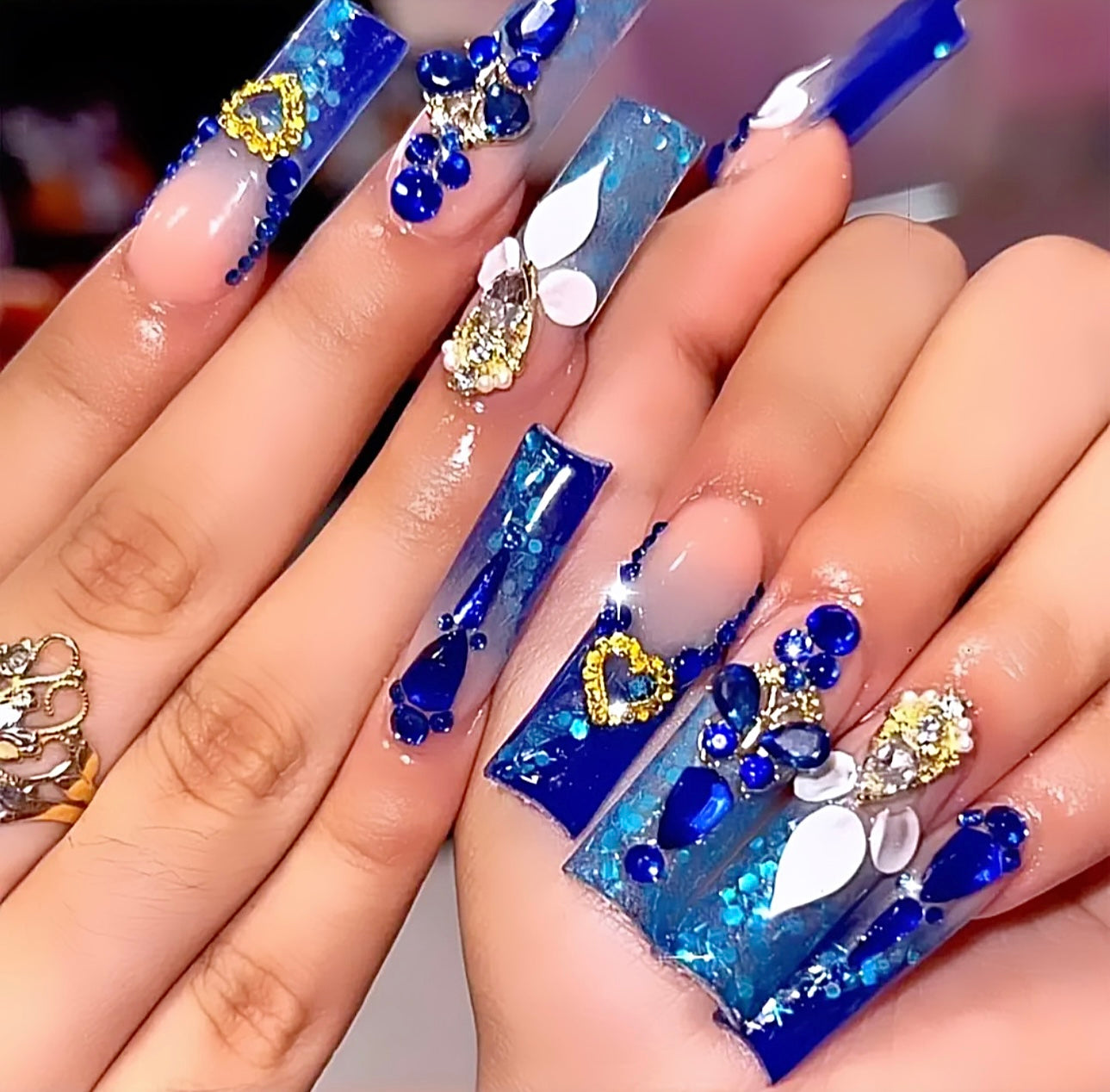 Blue Glitter Hearts and Rhinestones Long Press On Nails