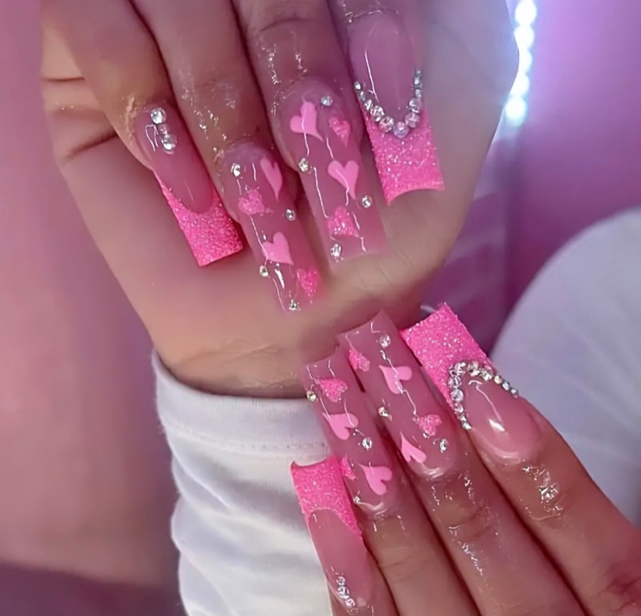 Sweet Pink French Tips with Glitter & Rhinestones Long Press On Nails