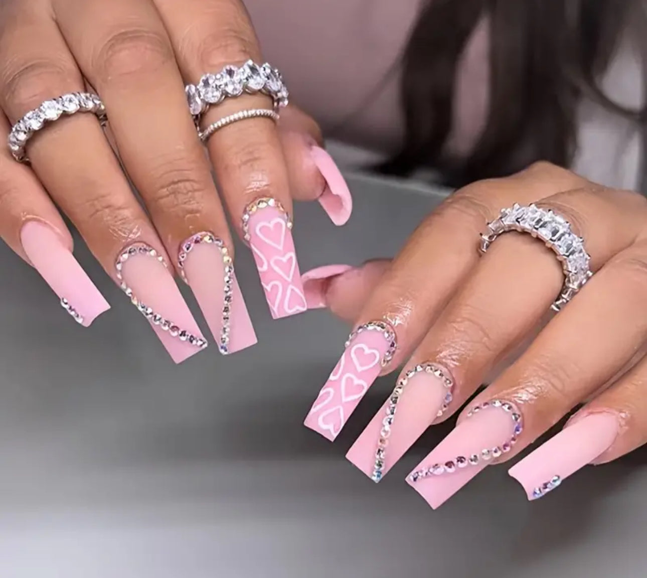 Pink Hearts and Rhinestones Long Press On Nails