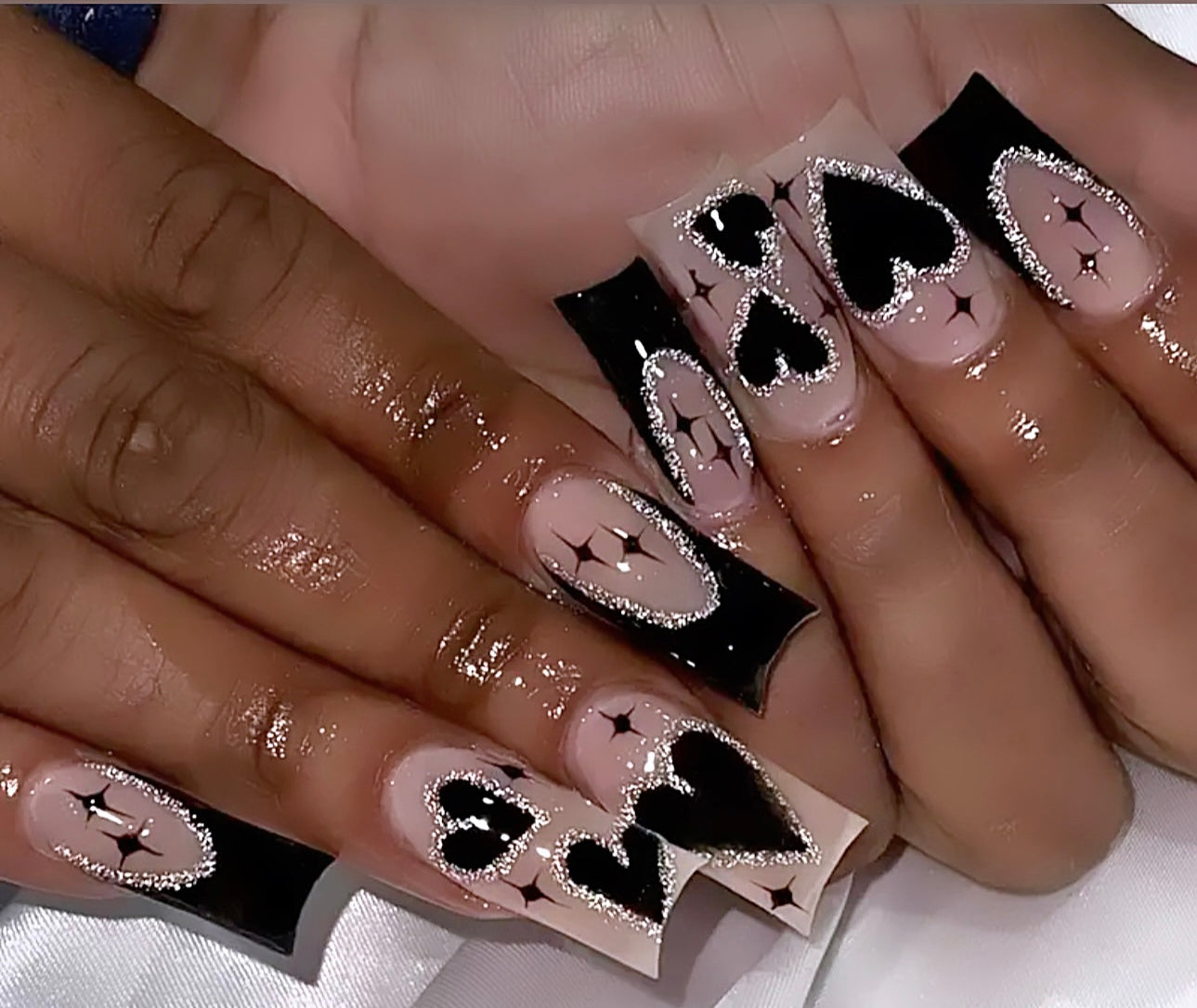 Black Glitter and Hearts Medium Length Press On Nails