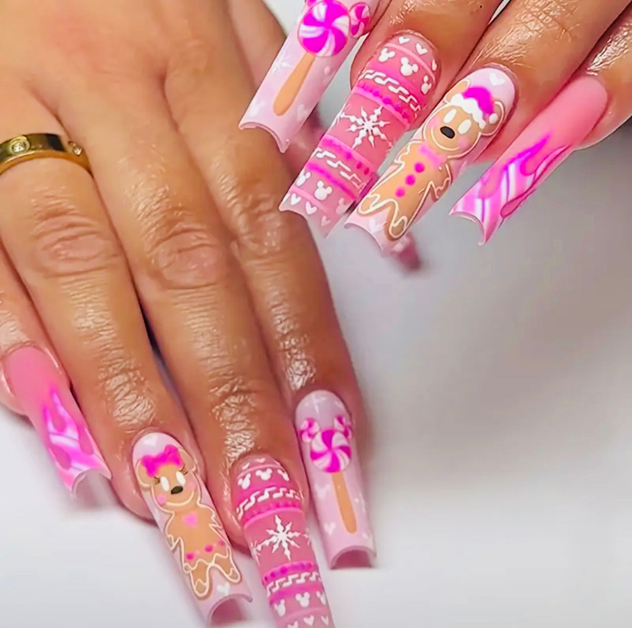 Christmas Pink with Gingerbread and Lollipop Designs Long Press On Nails