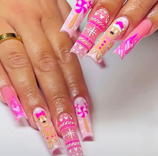 Christmas Pink with Gingerbread and Lollipop Designs Long Press On Nails