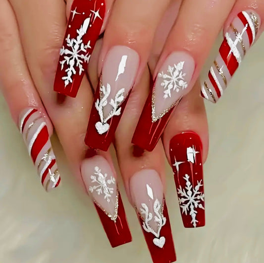 Christmas Snowflakes, Reindeer & Hearts Holiday Long Press On Nails