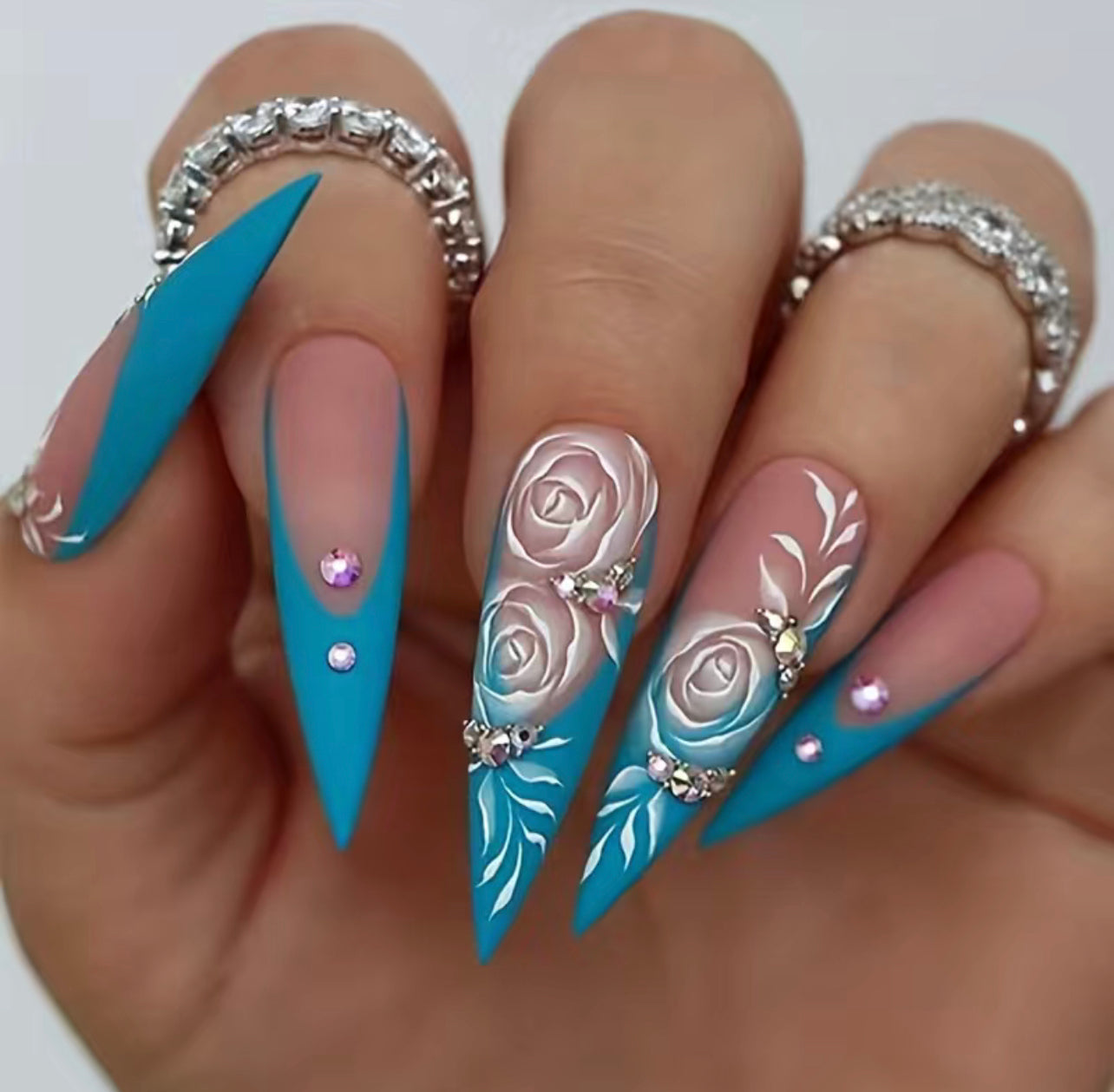 Teal Floral Designs and Rhinestones Medium Length Stiletto Press On Nails