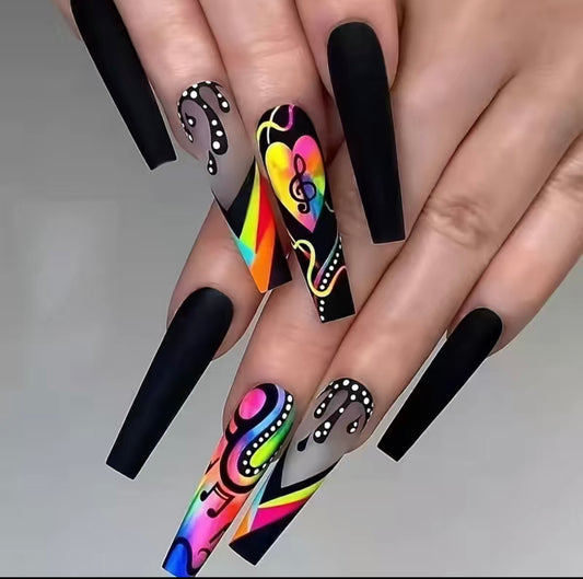 Musical Notes and Rainbows Long  Press On Nails