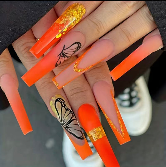 Orange and Gold Butterfly Long Press On Nails