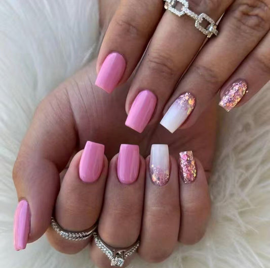 Pink and White Glitter Short Press On Nails