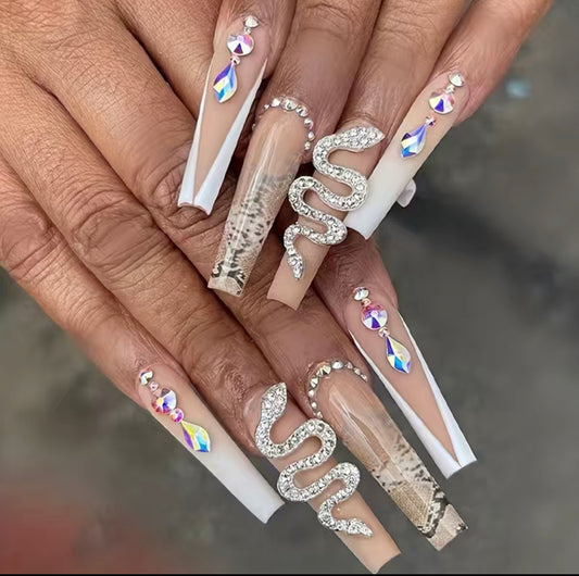 French Tips and Snakes Long Press On Nails