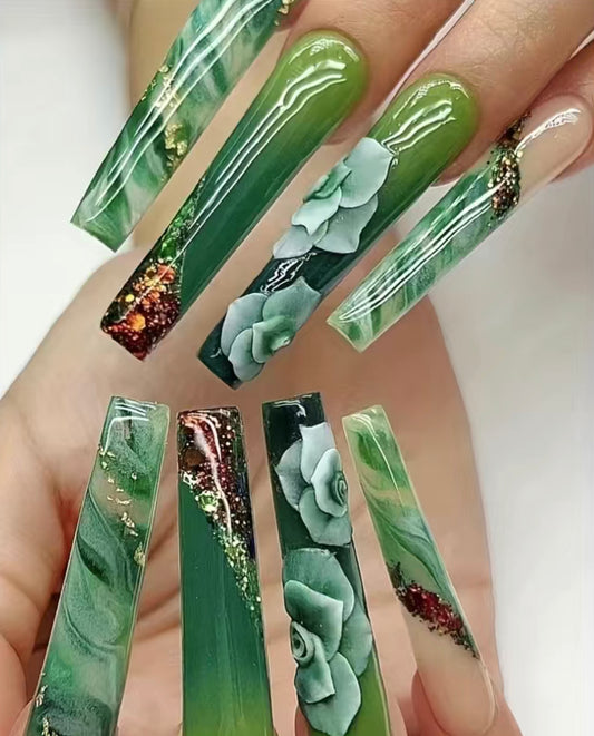 Marble Green Roses Long Press On Nails