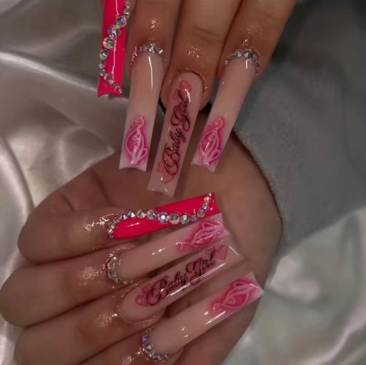 Pink Baby Girl Baby Phat Long Press On Nails